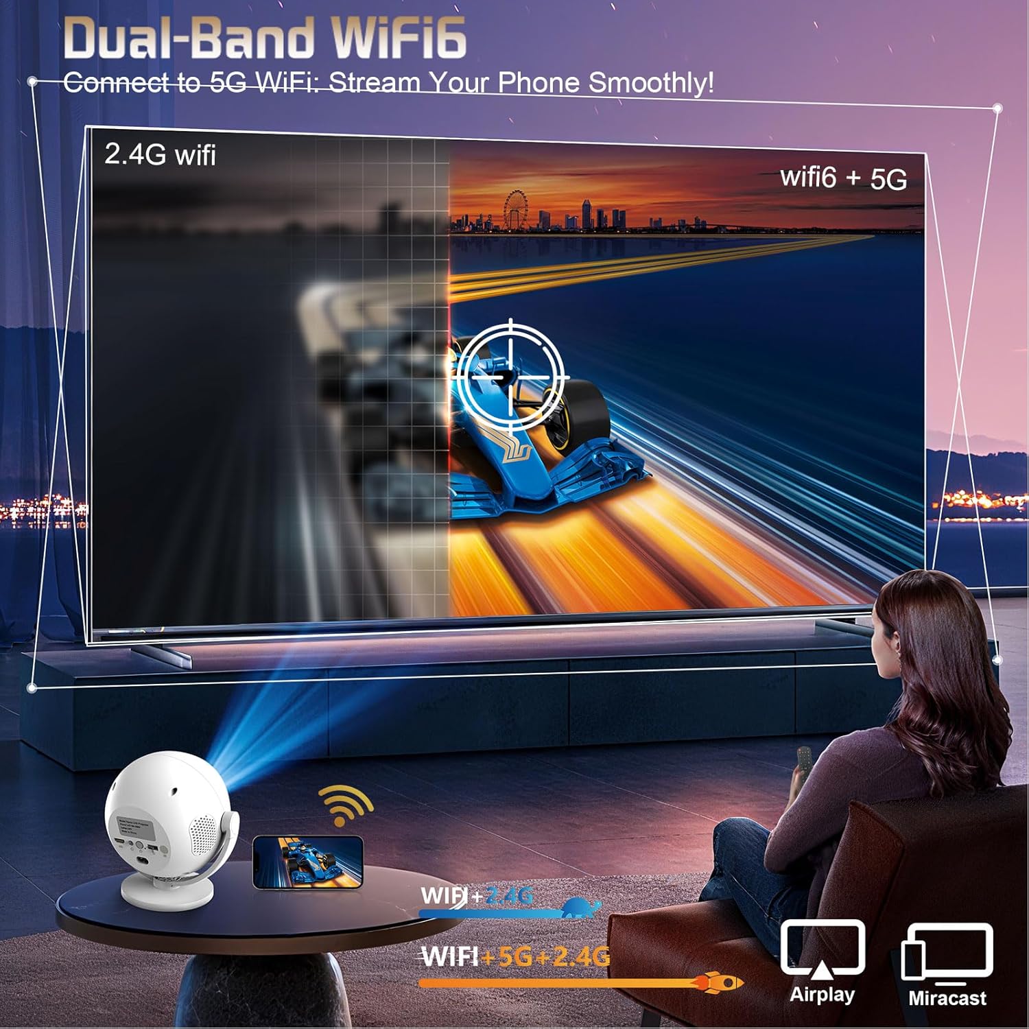 360 Portable Projector [Electric Focus/360° Rotatable/Support 1080P] Mini Smart Projector with Wifi and Bluetooth, Auto Keystone, Outdoor Movie Proyector Portátil, Remote Control, White