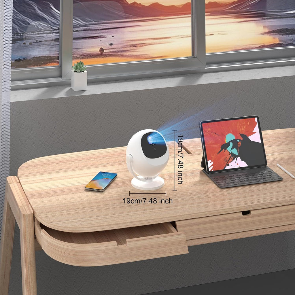 360 Portable Projector [Electric Focus/360° Rotatable/Support 1080P] Mini Smart Projector with Wifi and Bluetooth, Auto Keystone, Outdoor Movie Proyector Portátil, Remote Control, White
