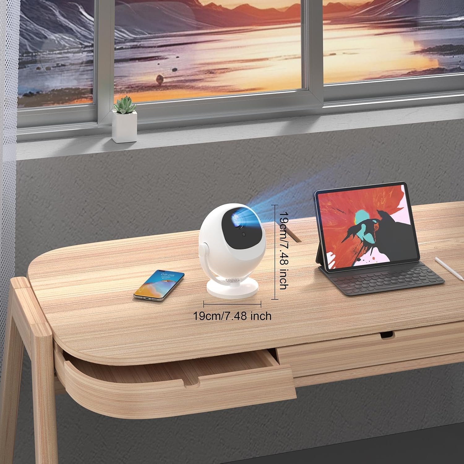 360 Portable Projector [Electric Focus/360° Rotatable/Support 1080P] Mini Smart Projector with Wifi and Bluetooth, Auto Keystone, Outdoor Movie Proyector Portátil, Remote Control, White