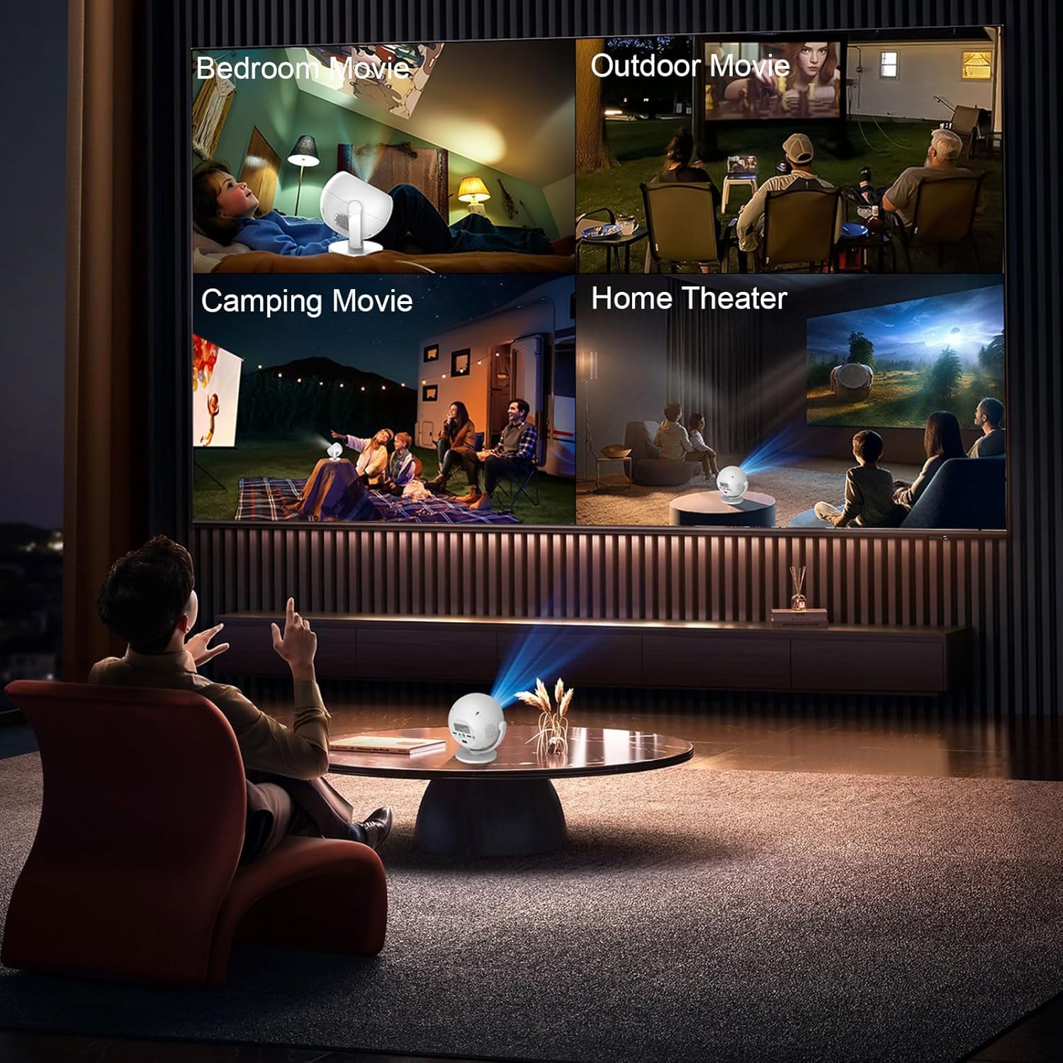 360 Portable Projector [Electric Focus/360° Rotatable/Support 1080P] Mini Smart Projector with Wifi and Bluetooth, Auto Keystone, Outdoor Movie Proyector Portátil, Remote Control, White