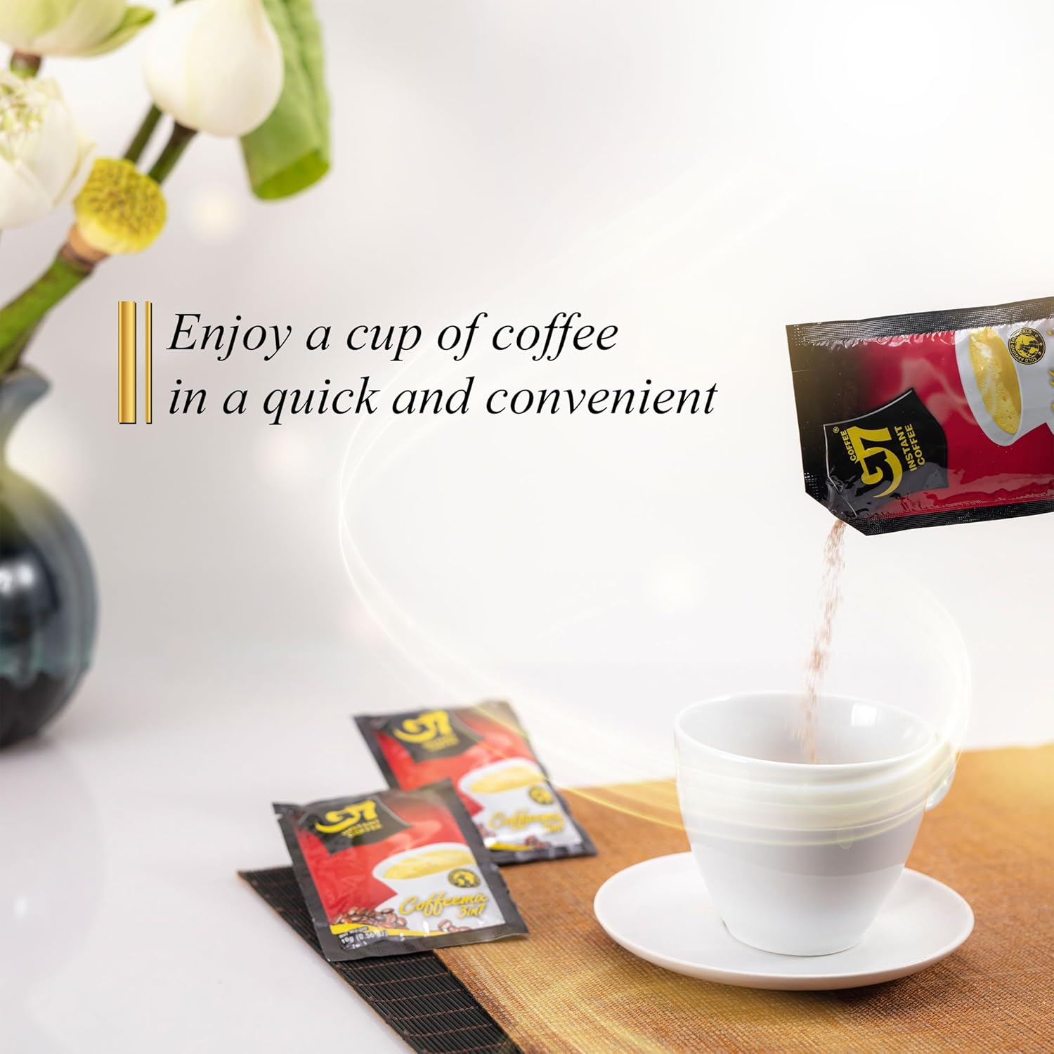 Trung Nguyen G7 Instant Coffee - 3-In-1 Roasted Ground Blend with Creamer & Sugar, Vietnamese Coffee (50 Sachets)