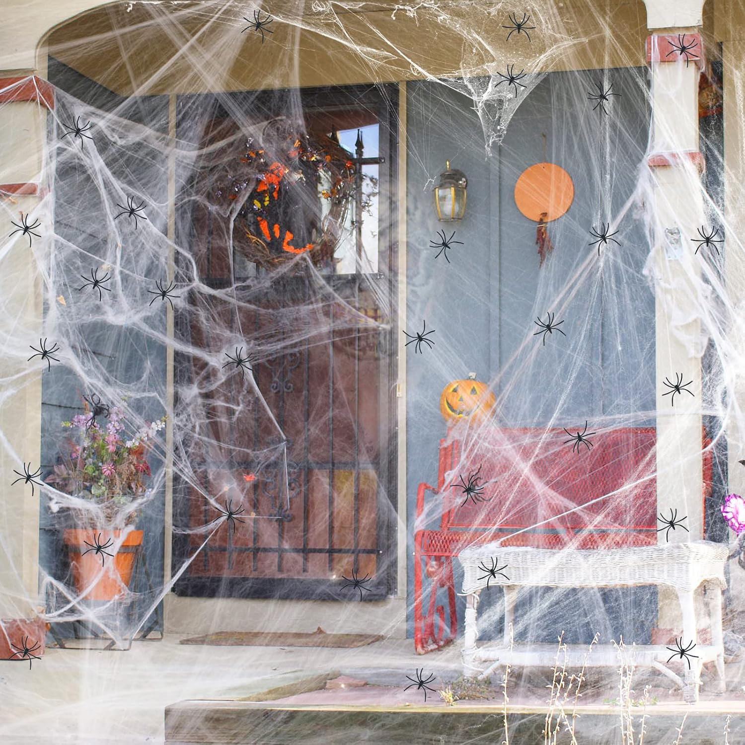 🟢 1000 Sqft Spider Webs Halloween Decorations Bonus with 30 Fake Spiders, Super Stretch Cobwebs for Halloween Indoor and Outdoor Party Supplies