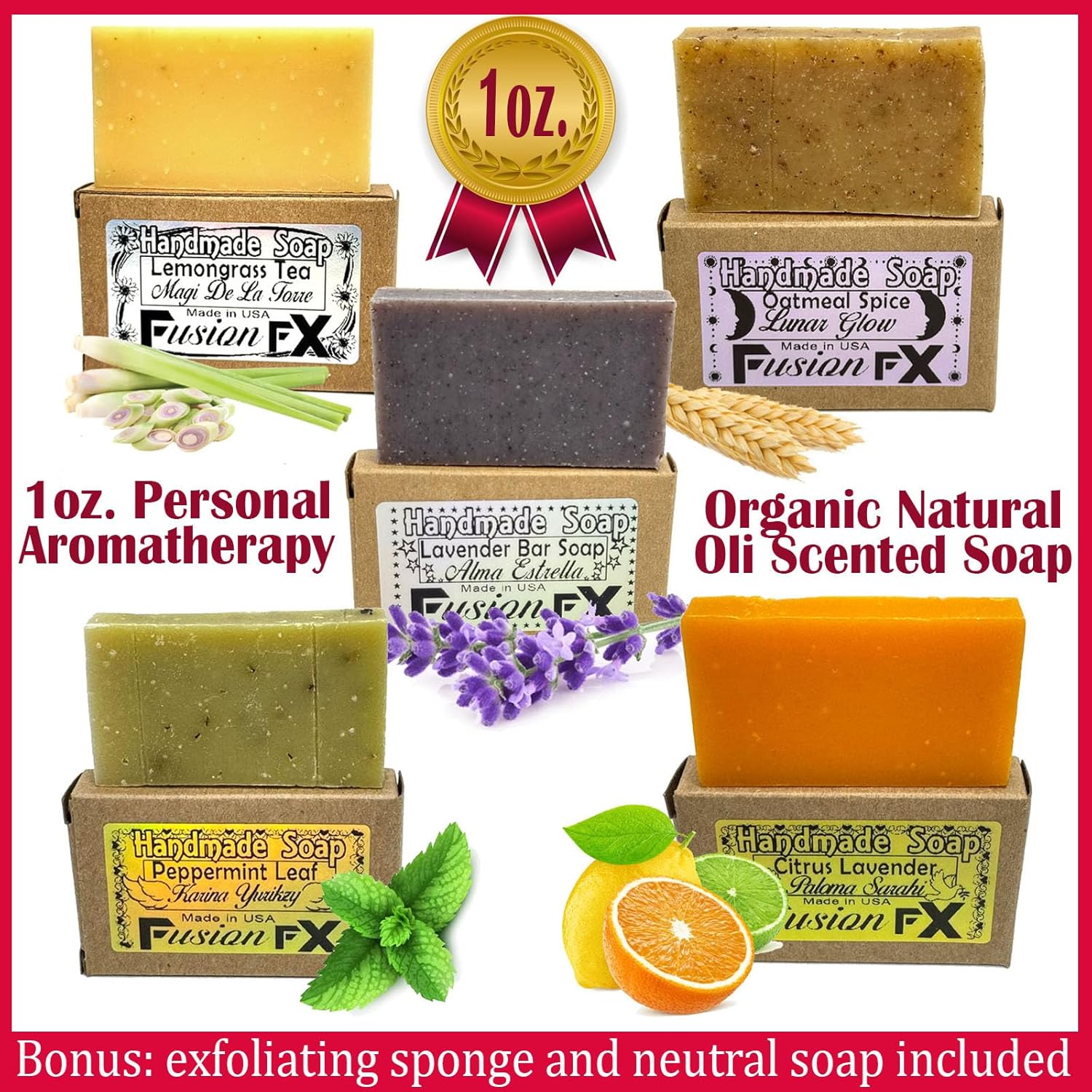 Gift Set of 5 Organic Handmade Natural Soap Bars with Essential Oils Aromatherapy Facial and Body Bars for Women and Men (1Oz Each) + Free Exfoliating Sponge and Neutral Soap. Organics