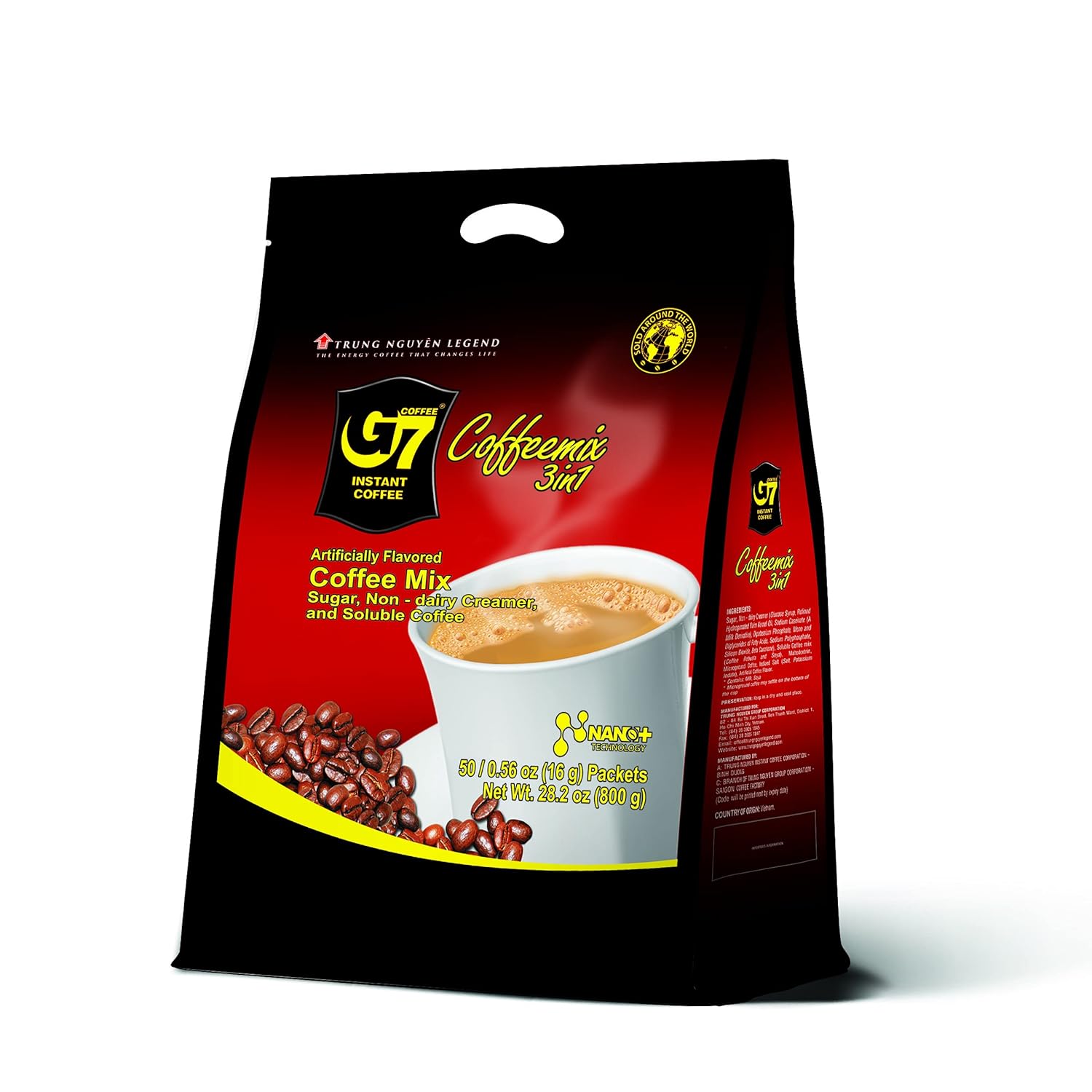 Trung Nguyen G7 Instant Coffee - 3-In-1 Roasted Ground Blend with Creamer & Sugar, Vietnamese Coffee (50 Sachets)