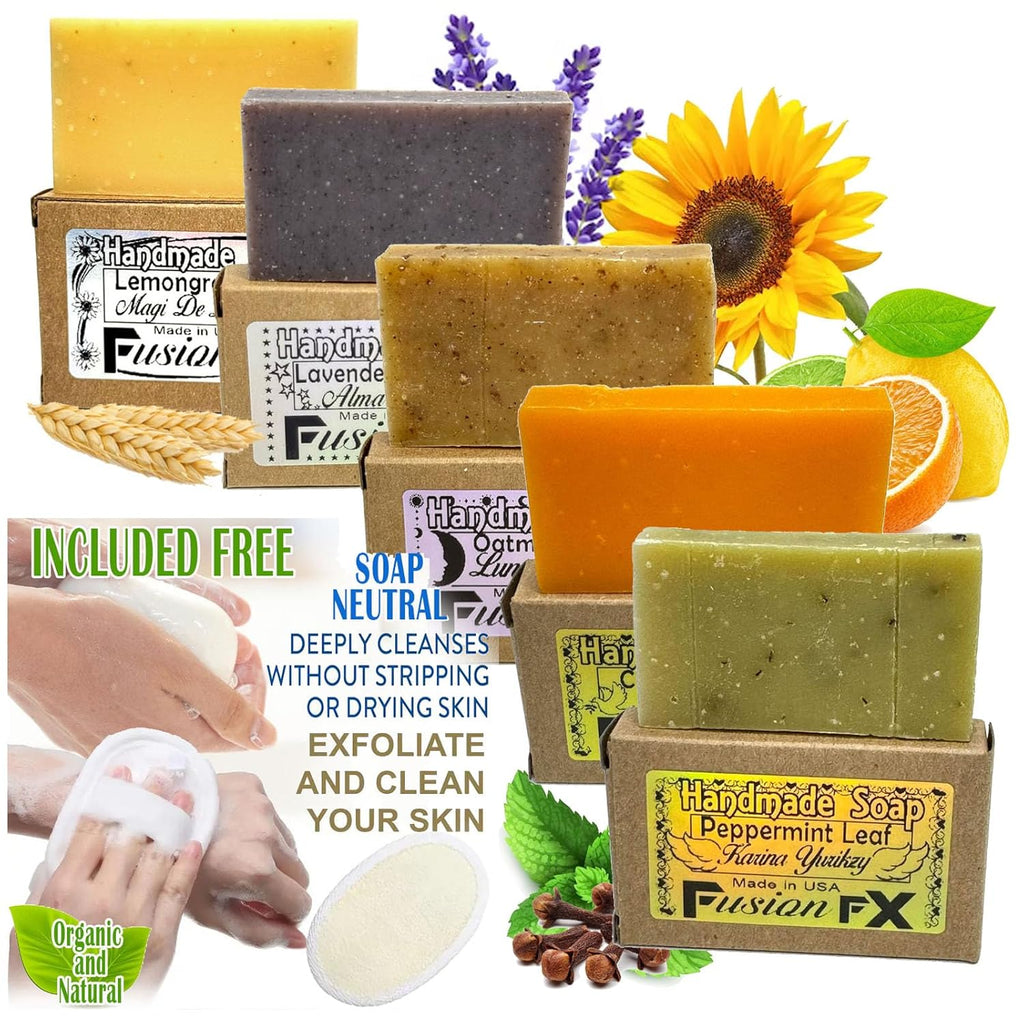 Gift Set of 5 Organic Handmade Natural Soap Bars with Essential Oils Aromatherapy Facial and Body Bars for Women and Men (1Oz Each) + Free Exfoliating Sponge and Neutral Soap. Organics