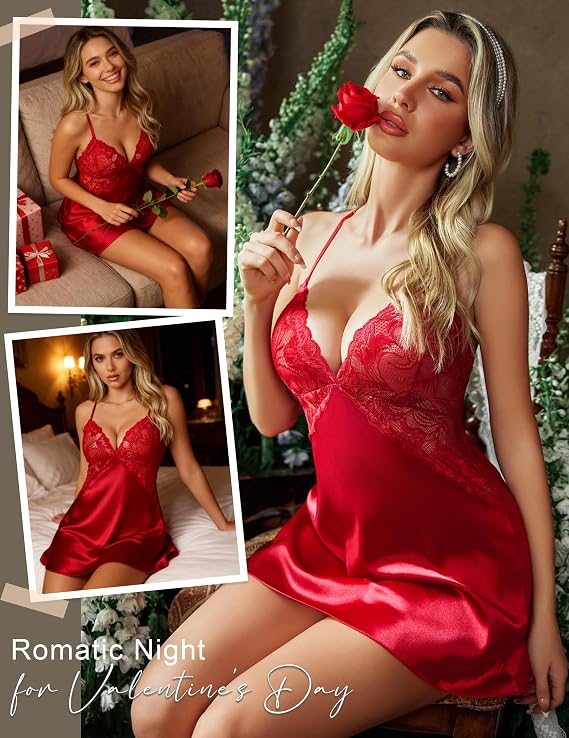 Women Lingerie V Neck Sexy Nightwear Satin Sleepwear Lace Chemise Mini Babydoll Nightgown