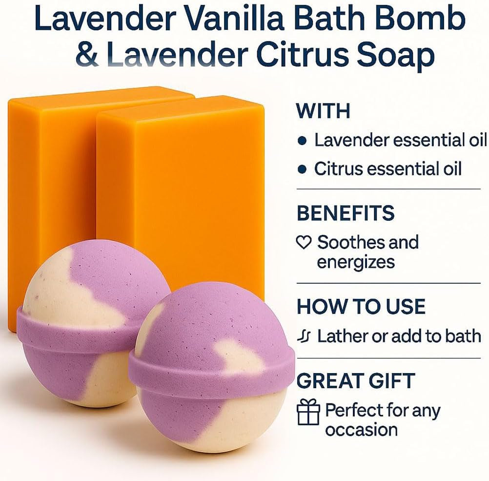 Lavender Bath Set – 2 Handmade Soap (4Oz) and 2 Bath Bomb (3Oz) & 1 Exfoliating Bag Kit Relaxing Spa Aromatherapy (Large, Citrus Lavender Soap - Vanilla Lavender Bath Bomb)
