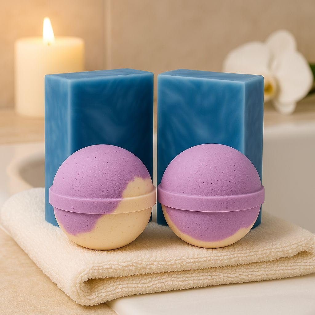 Lavender Bath Set – 2 Handmade Soap (4Oz) and 2 Bath Bomb (3Oz) & 1 Exfoliating Bag Kit Relaxing Spa Aromatherapy Champagne Lavender Bath Bomb (Large, Cypress Soap)