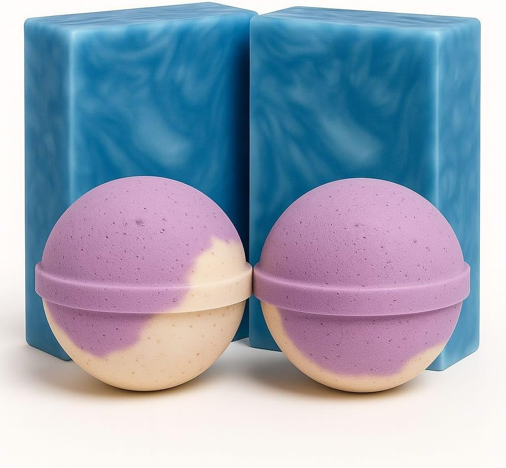 Lavender Bath Set – 2 Handmade Soap (4Oz) and 2 Bath Bomb (3Oz) & 1 Exfoliating Bag Kit Relaxing Spa Aromatherapy Champagne Lavender Bath Bomb (Large, Cypress Soap)