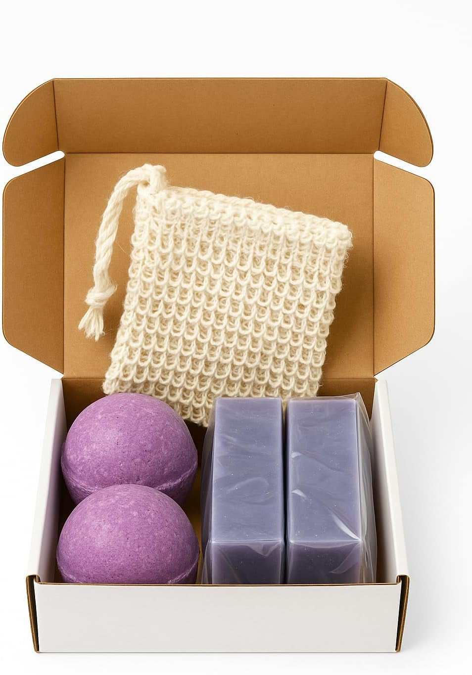 Lavender Bath Set – 2 Handmade Soap (4Oz) and 2 Bath Bomb (3Oz) & 1 Exfoliating Bag Kit Relaxing Spa Aromatherapy (Large, Lavender Soap - Lavender Petals Bath Bomb)