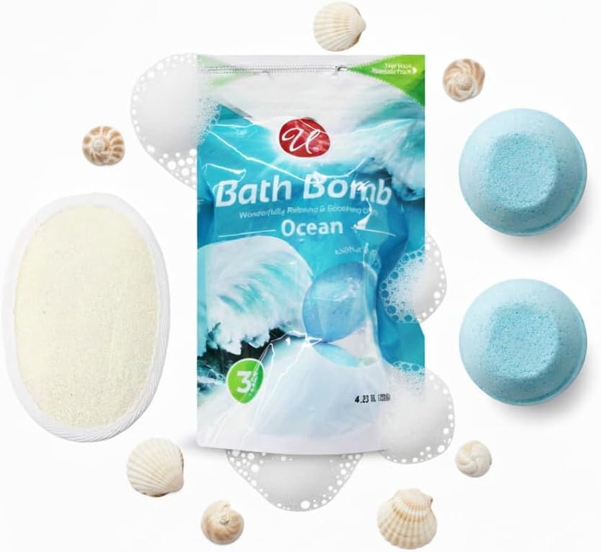 Ocean Bath Bombs 3 Pack with Exfoliating Sponge, Refreshing Aromatherapy Fizz for Men and Women, Spa Gift Set for Self Care, Skin Softening Essentials for Stress Relief and Home Bath Relaxation