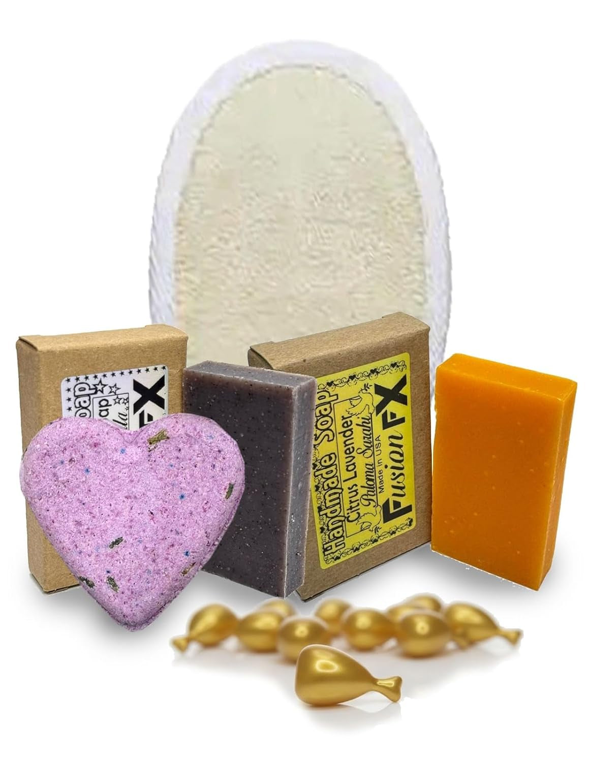 Aromatherapy Gift Set with 1 Citrus Soap (1 Oz), Lavender Soap (1 Oz), Exfoliating Sponge, Vitamin E Capsules, and Lavender Petal Bath Bomb (3 Oz) Spa Self-Care Kit for Women