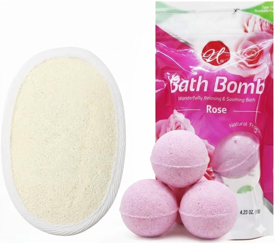 Rose Bath Bombs 3 Pack with Exfoliating Sponge, Relaxing Aromatherapy Fizz for Men and Women, Spa Gift Set for Skin Softening and Home Bath Relaxation