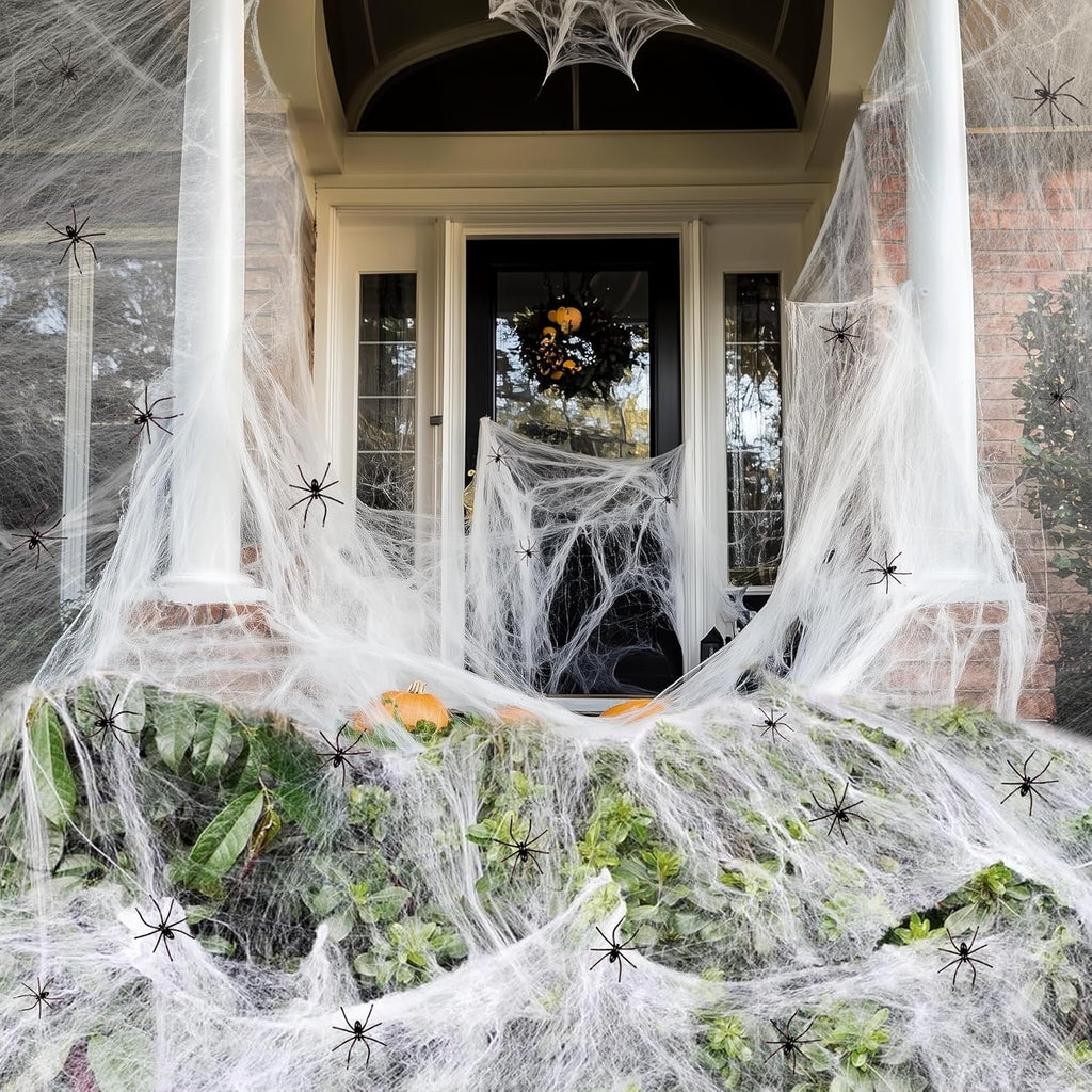 🟢 1000 Sqft Spider Webs Halloween Decorations Bonus with 30 Fake Spiders, Super Stretch Cobwebs for Halloween Indoor and Outdoor Party Supplies