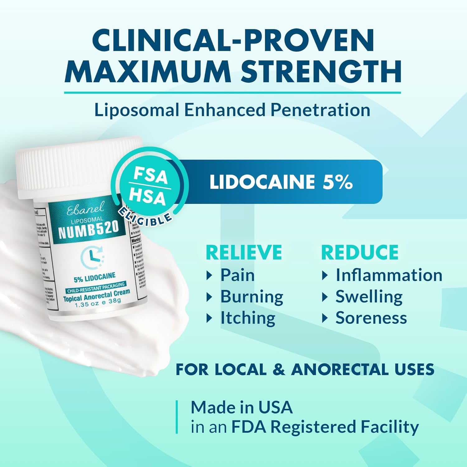5% Lidocaine Numbing Cream, Pain Relief Burn Itch Numb Cream, Maximum Strength Topical Anesthetic with Allantoin, Vitamin E for Local and Anorectal Uses, Hemorrhoid Treatment, 1.35 Oz