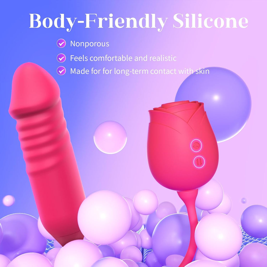Vibrator Dildo Sex Toys for Women -  Rose Sex Toy with Thrusting G Spot Vibrators & 10 Sucking Modes for Clitoral Nipple Stimulation Anal Dildos Adult Sex Toys Games for Couples Sex Machine