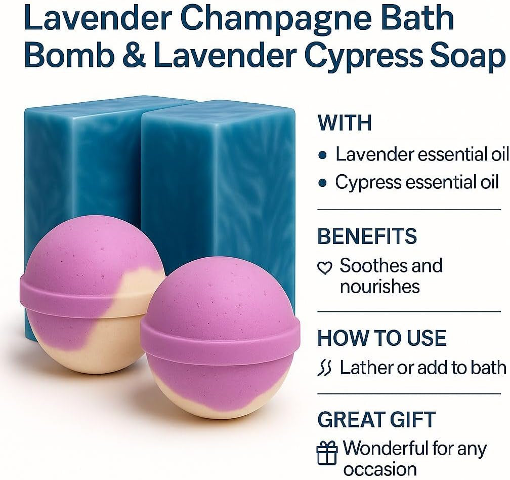 Lavender Bath Set – 2 Handmade Soap (4Oz) and 2 Bath Bomb (3Oz) & 1 Exfoliating Bag Kit Relaxing Spa Aromatherapy Champagne Lavender Bath Bomb (Large, Cypress Soap)