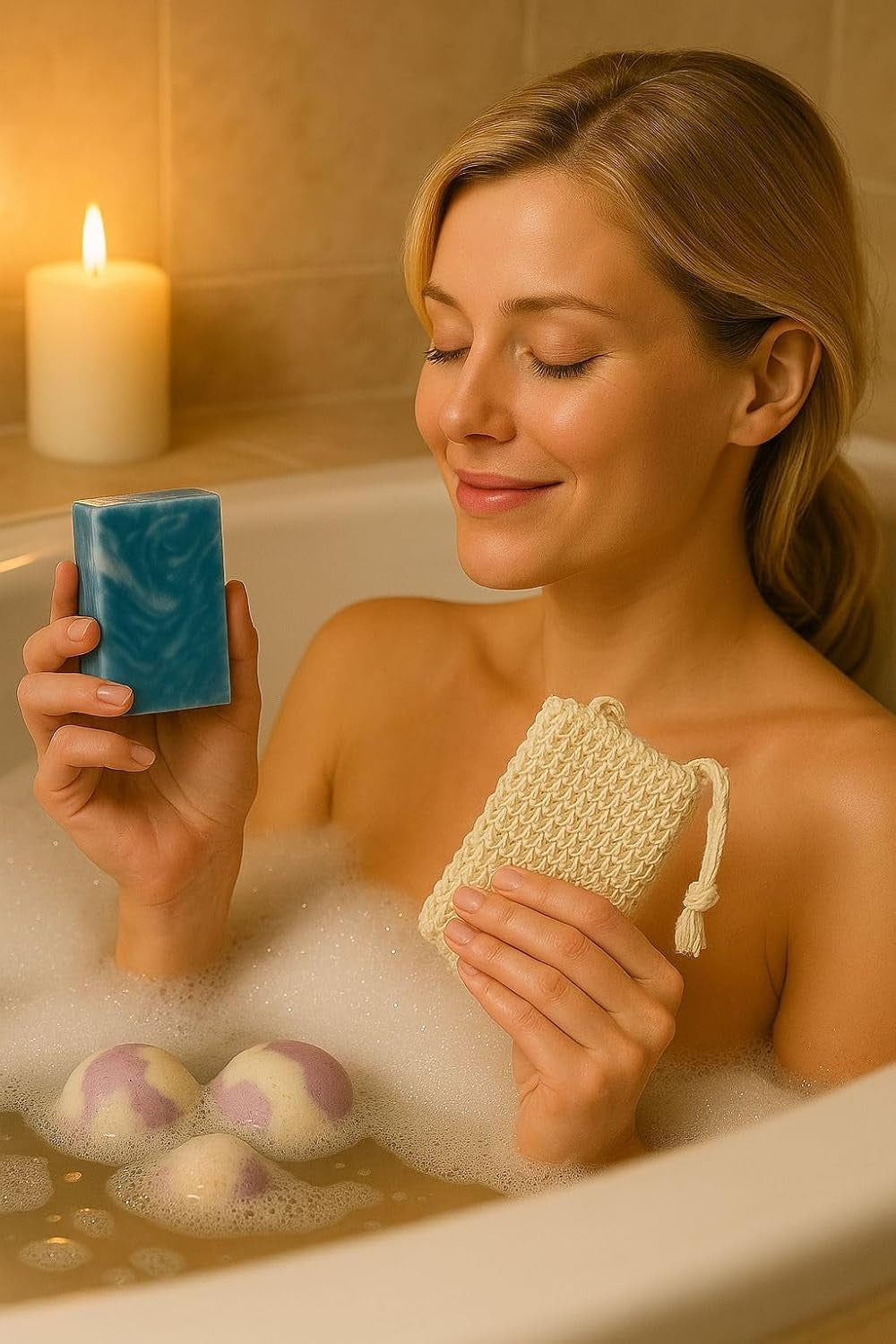 Lavender Bath Set – 2 Handmade Soap (4Oz) and 2 Bath Bomb (3Oz) & 1 Exfoliating Bag Kit Relaxing Spa Aromatherapy Champagne Lavender Bath Bomb (Large, Cypress Soap)