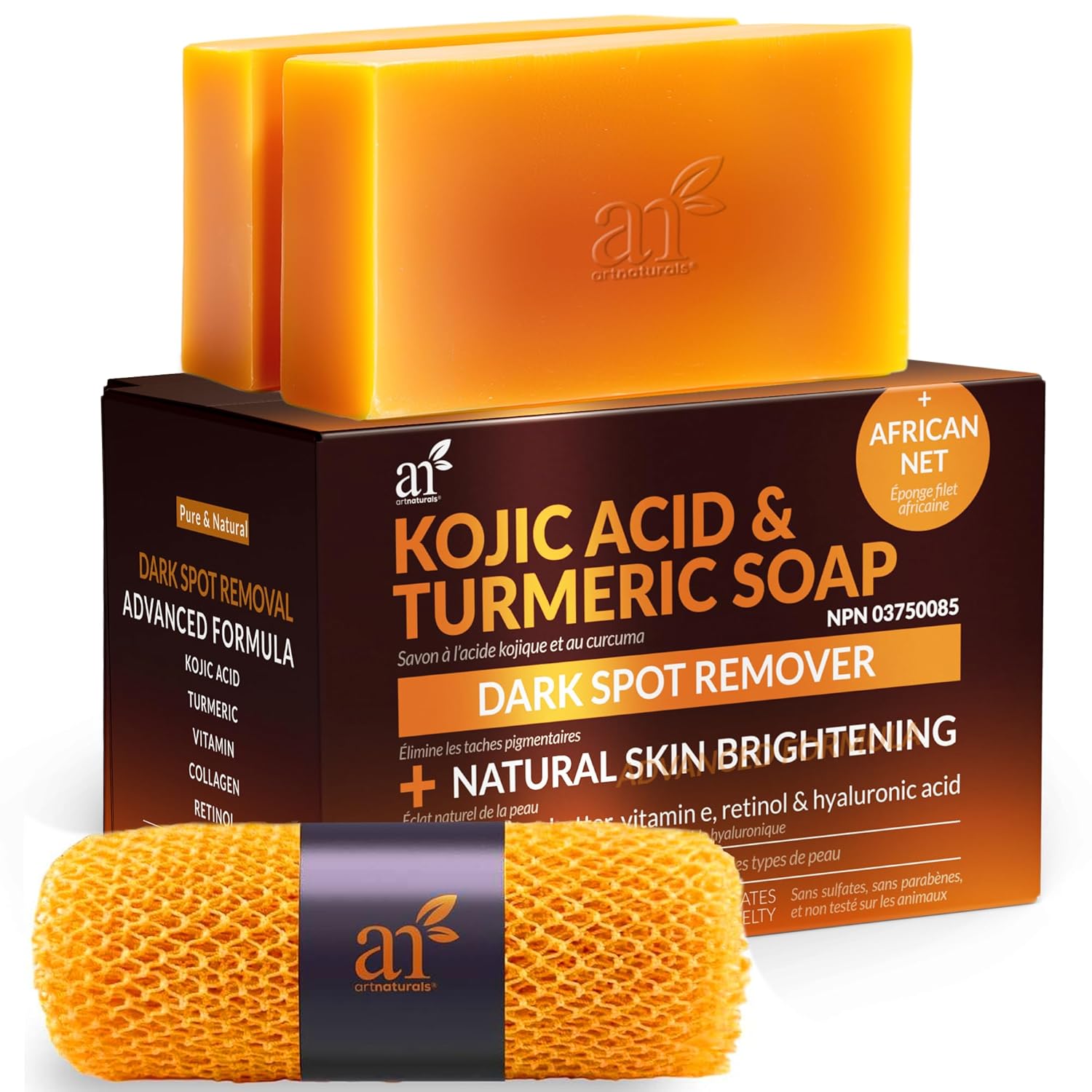 🟢 2-Soap (5oz) Kojic Acid + African Net Sponge, Original Japanese Turmeric Complex, Vitamin C, Hyaluronic Acid, Retinol, Shea Butter (Citrus)