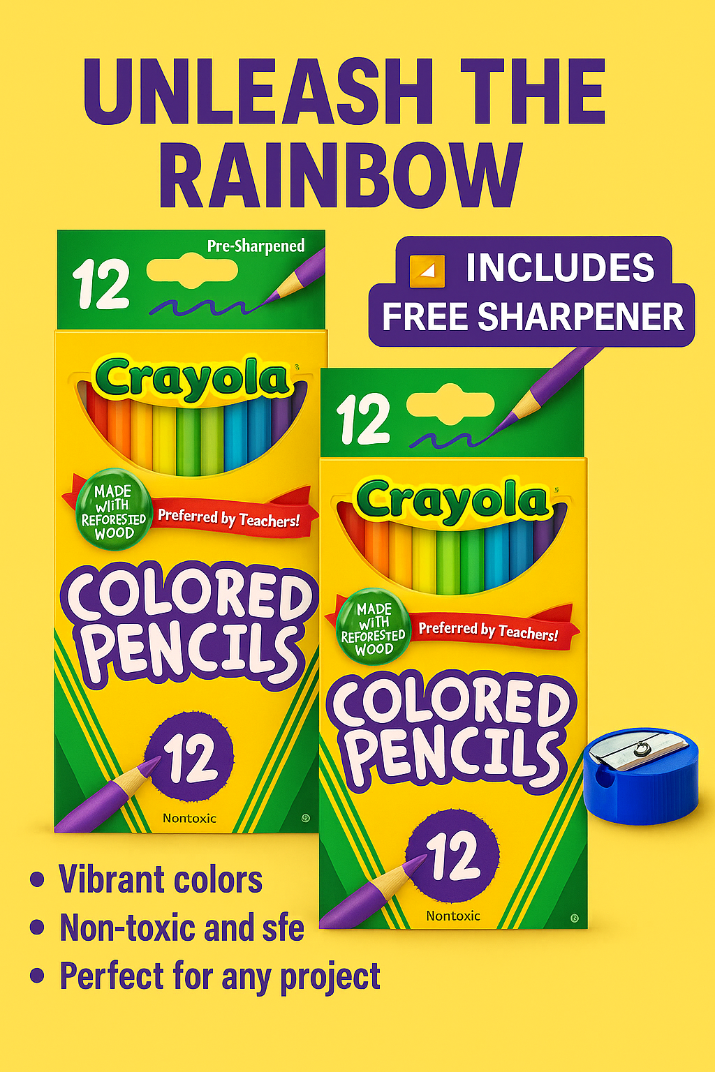 🟢  Colored Pencils 12Ct 2Pk, Assorted Colors, Pre-Sharpened + Bonus Sharpener (Color May Vary) - Vibrant Colors for Art & School Projects