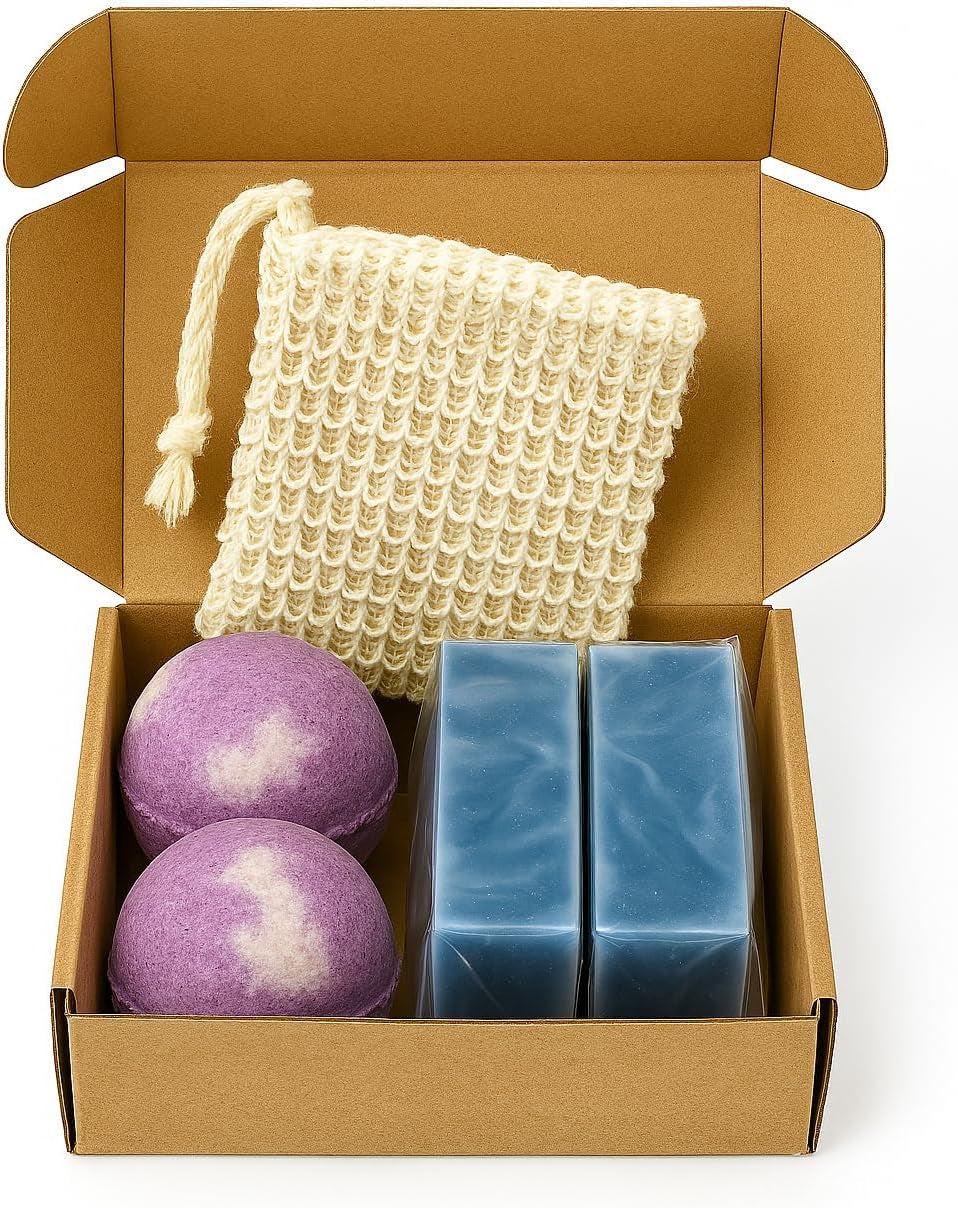 Lavender Bath Set – 2 Handmade Soap (4Oz) and 2 Bath Bomb (3Oz) & 1 Exfoliating Bag Kit Relaxing Spa Aromatherapy Champagne Lavender Bath Bomb (Large, Cypress Soap)