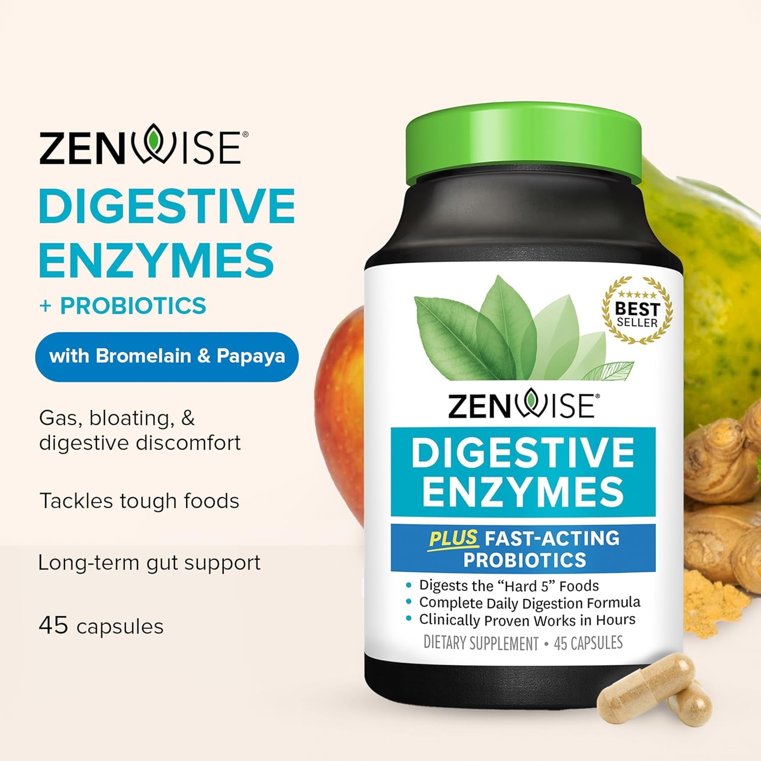 Digestive Enzymes for Gut Health & Bloating Relief - Multi Enzymes Digestion Supplement with Probiotics, Bromelain & Papaya for Digestive Health Support - Men & Women - 45 Count