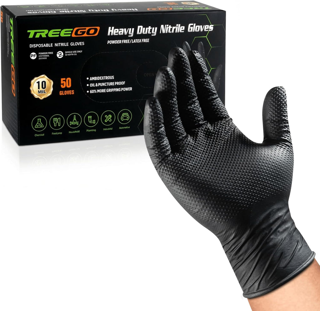 10 Mil Nitrile Gloves Large - Disposable Heavy Duty Rubber Gloves, Raised Diamond Texture Mechanic Gloves, Latex Free Industrial Work Gloves for Garage & Tools, 50 Count