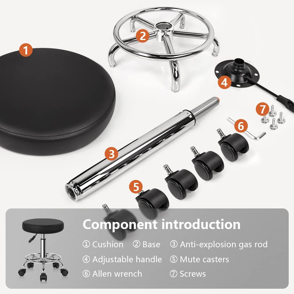 PU Leather round Rolling Stool with Foot Rest Swivel Height Adjustment Spa Drafting Salon Tattoo Work Office Massage Stools Task Chair Cushion 14 Inches (Black)