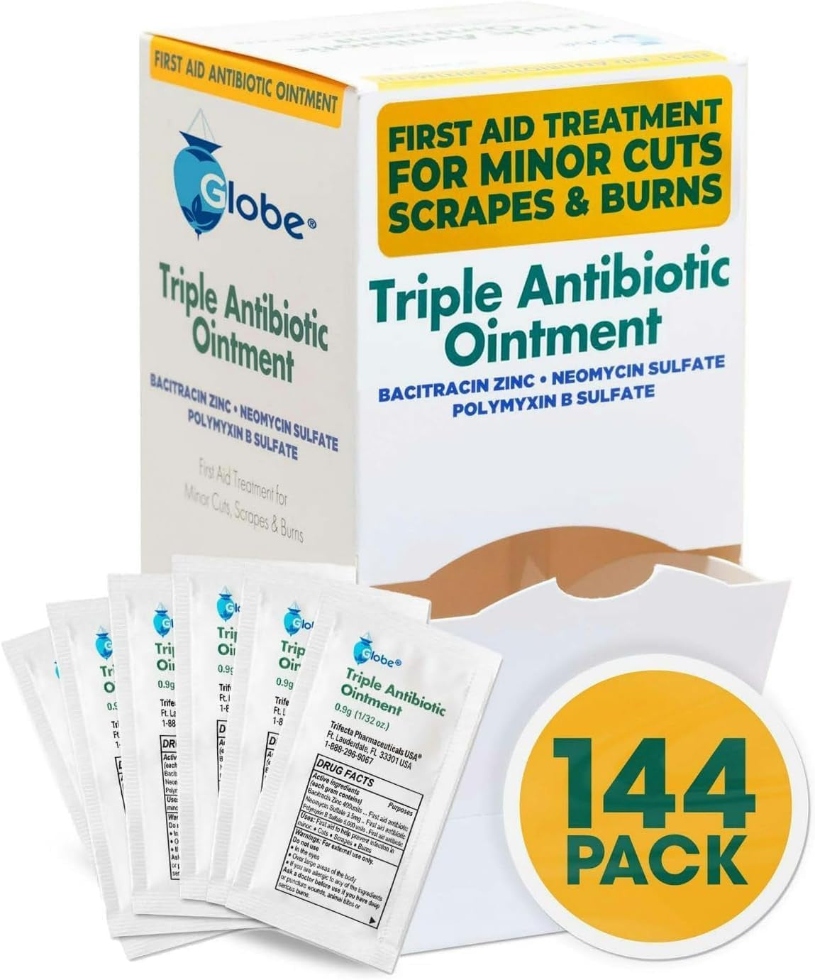 (144 Pack) Triple Antibiotic Ointment 0.9G Single Packet, First Aid Kit for Minor Scratches, Wounds, Cuts and Burns, Prevents Infection Active Ingredients Compare to Leading Brand, Travel Size