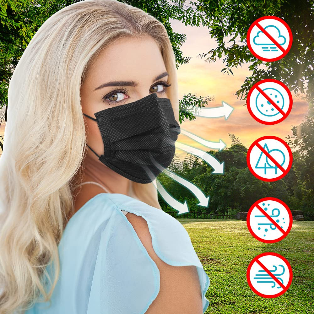Black Disposable Face Masks, 100 Pack 3 Ply Protection Face Mask, Soft Breathable Disposable Masks for Adults, Male-Female, Teenagers, Daily Use, Outdoors, School and Office