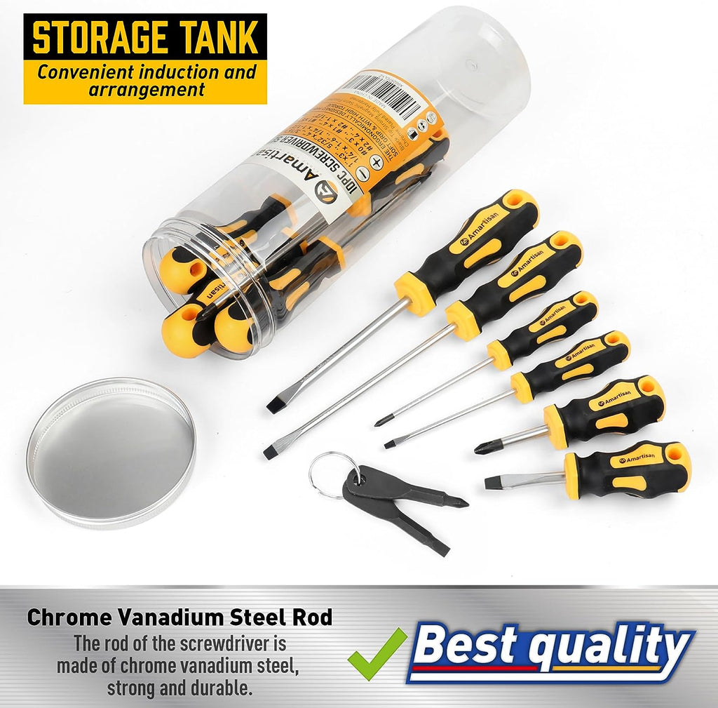 10-Piece Magnetic Screwdrivers Set, 5 Phillips and 5 Slotted Tips Professional Cushion Grip Screwdriver Set 2Pcs Portable Multifunction Key Mini Screwdriver (Yellow)