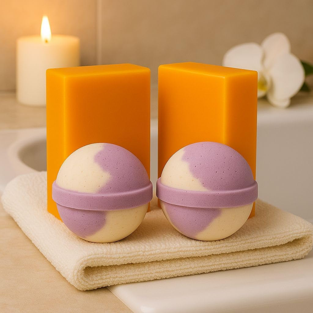 Lavender Bath Set – 2 Handmade Soap (4Oz) and 2 Bath Bomb (3Oz) & 1 Exfoliating Bag Kit Relaxing Spa Aromatherapy (Large, Citrus Lavender Soap - Vanilla Lavender Bath Bomb)