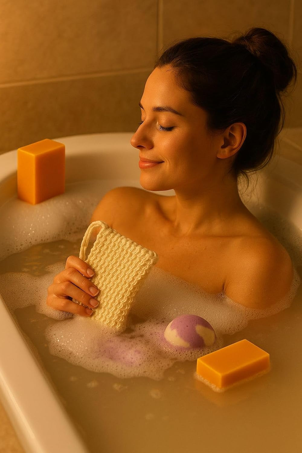 Lavender Bath Set – 2 Handmade Soap (4Oz) and 2 Bath Bomb (3Oz) & 1 Exfoliating Bag Kit Relaxing Spa Aromatherapy (Large, Citrus Lavender Soap - Vanilla Lavender Bath Bomb)