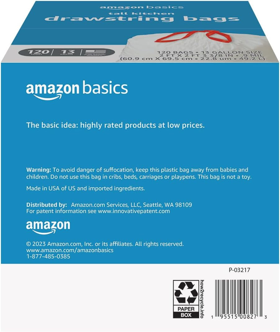 Trash Bags, Tall Kitchen Drawstring, Unscented, 13 Gallon, 120 Count, Pack of 1