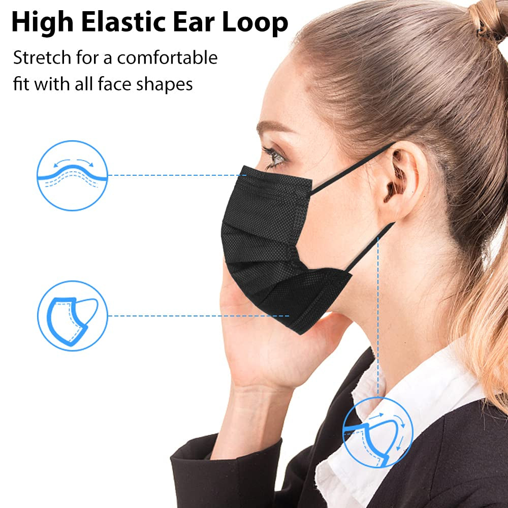 Black Disposable Face Masks, 100 Pack 3 Ply Protection Face Mask, Soft Breathable Disposable Masks for Adults, Male-Female, Teenagers, Daily Use, Outdoors, School and Office