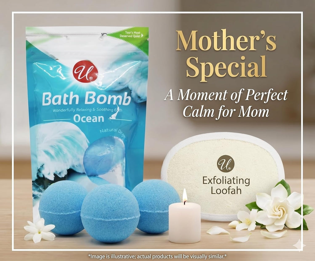 Ocean Bath Bombs 3 Pack with Exfoliating Sponge, Refreshing Aromatherapy Fizz for Men and Women, Spa Gift Set for Self Care, Skin Softening Essentials for Stress Relief and Home Bath Relaxation