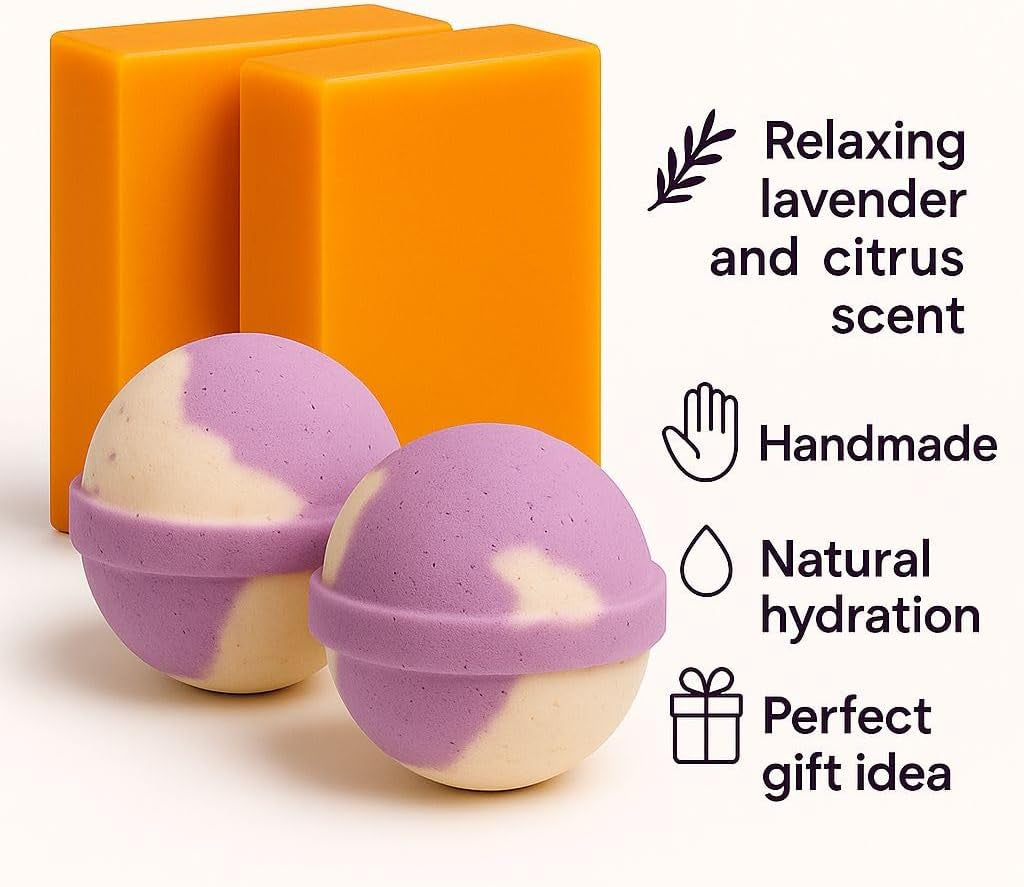 Lavender Bath Set – 2 Handmade Soap (4Oz) and 2 Bath Bomb (3Oz) & 1 Exfoliating Bag Kit Relaxing Spa Aromatherapy (Large, Citrus Lavender Soap - Vanilla Lavender Bath Bomb)