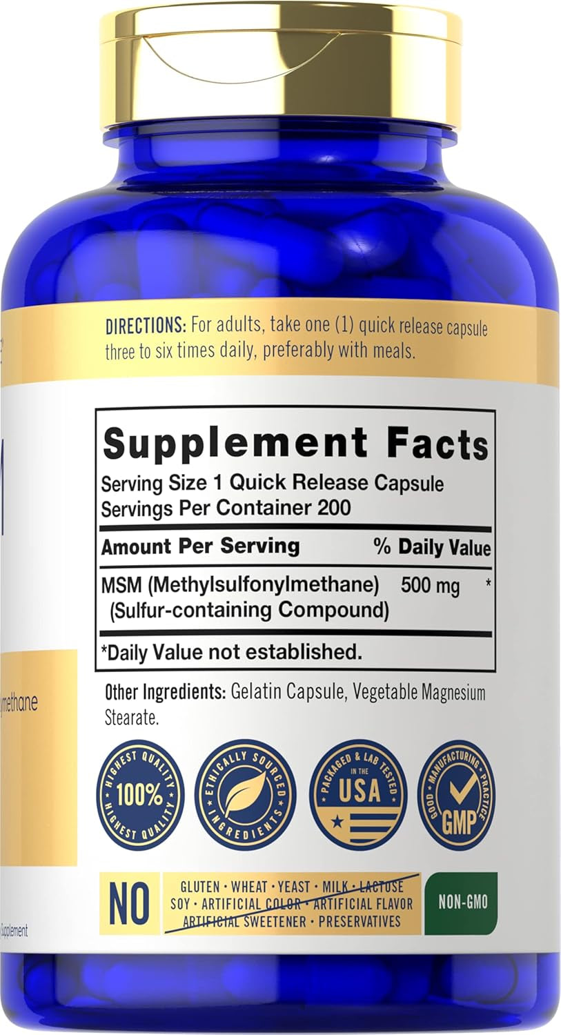 MSM Supplement Capsules | 500Mg | 200 Count | Non-Gmo & Gluten Free Formula | Methylsulfonylmethane