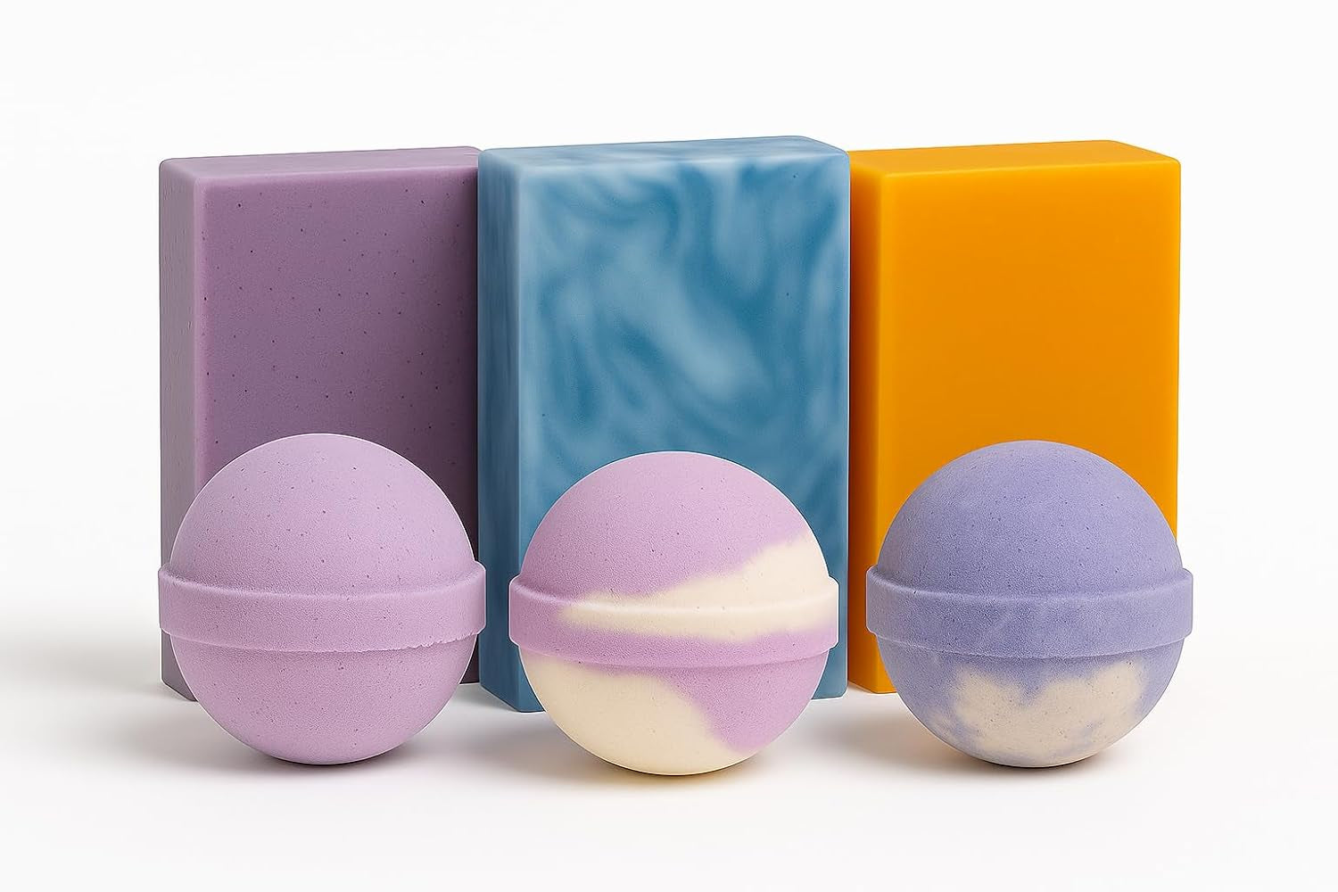 Lavender Bath Set – 3 Handmade Soap (4Oz) and 3 Bath Bomb (3Oz) & 1 Exfoliating Bag – Natural Self-Care Kit – Relaxing Spa Routine, Moisturizing, Aromatherapy, Body Cleanse for All Genders