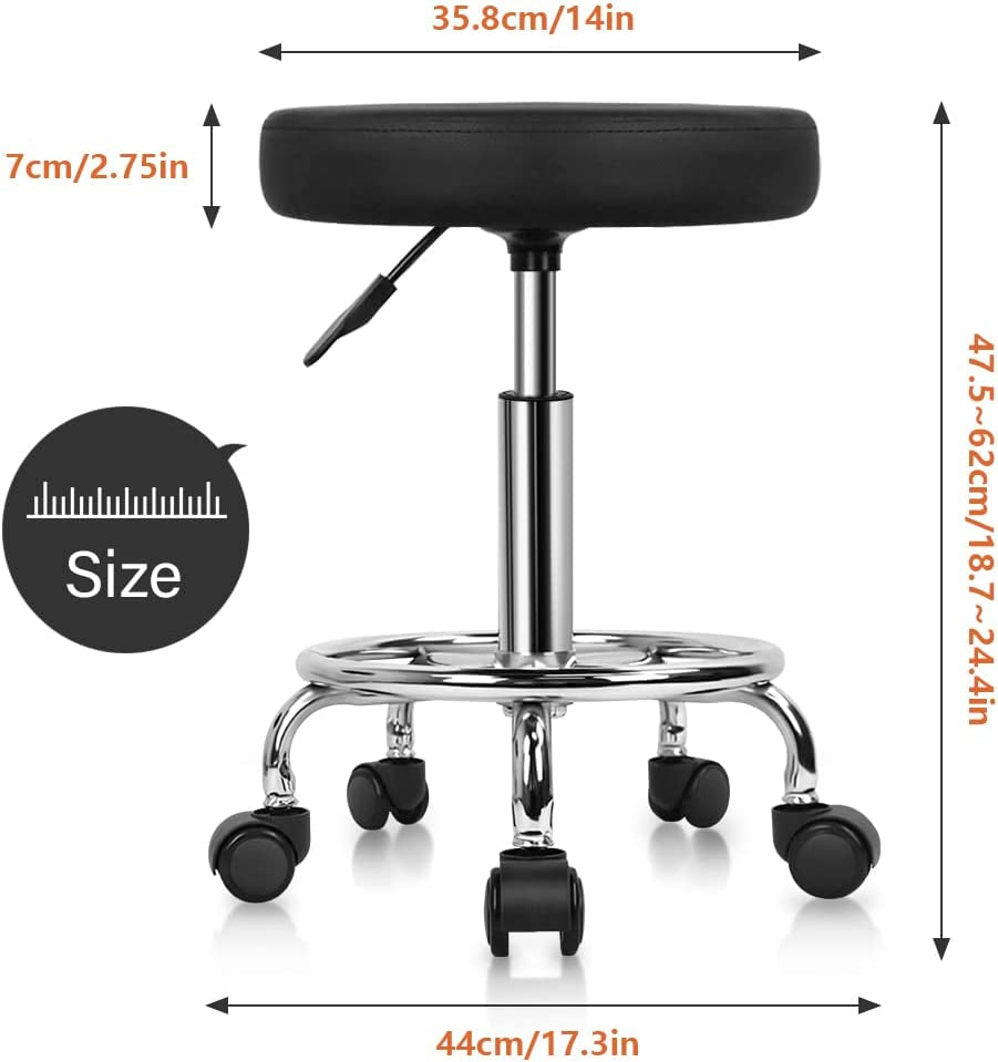 PU Leather round Rolling Stool with Foot Rest Swivel Height Adjustment Spa Drafting Salon Tattoo Work Office Massage Stools Task Chair Cushion 14 Inches (Black)