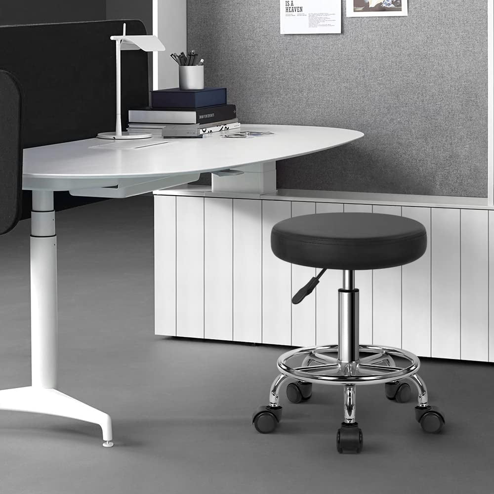 PU Leather round Rolling Stool with Foot Rest Swivel Height Adjustment Spa Drafting Salon Tattoo Work Office Massage Stools Task Chair Cushion 14 Inches (Black)