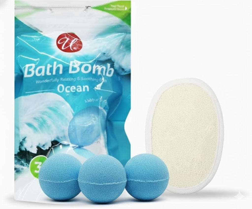 Ocean Bath Bombs 3 Pack with Exfoliating Sponge, Refreshing Aromatherapy Fizz for Men and Women, Spa Gift Set for Self Care, Skin Softening Essentials for Stress Relief and Home Bath Relaxation