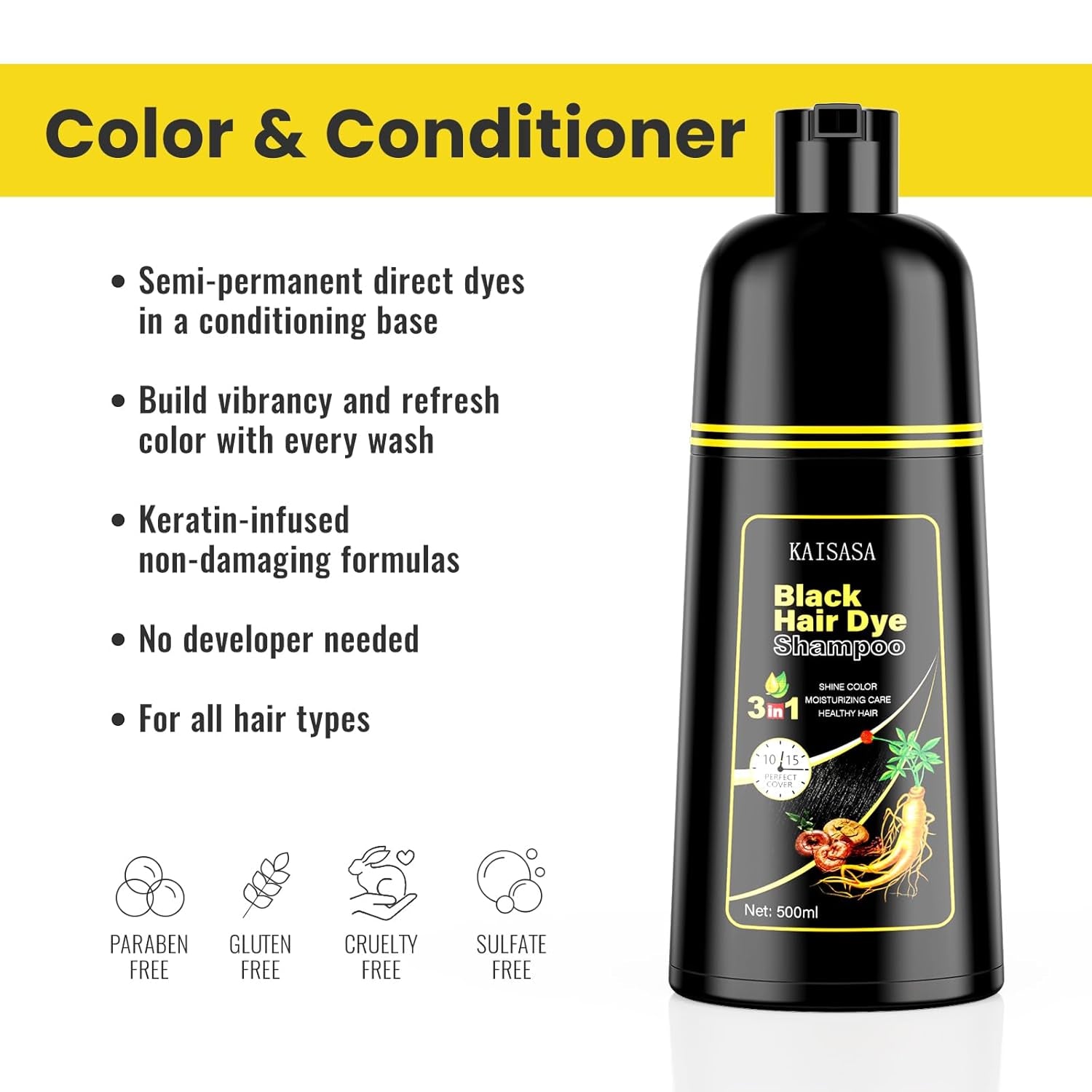 Black Hair Dye Shampoo 3 in 1 for Gray Hair, Hair Color Shampoo for Women Men Grey Hair Coverage, Herbal Ingredients Champu Con Tinte Para Canas 500Ml (Black).