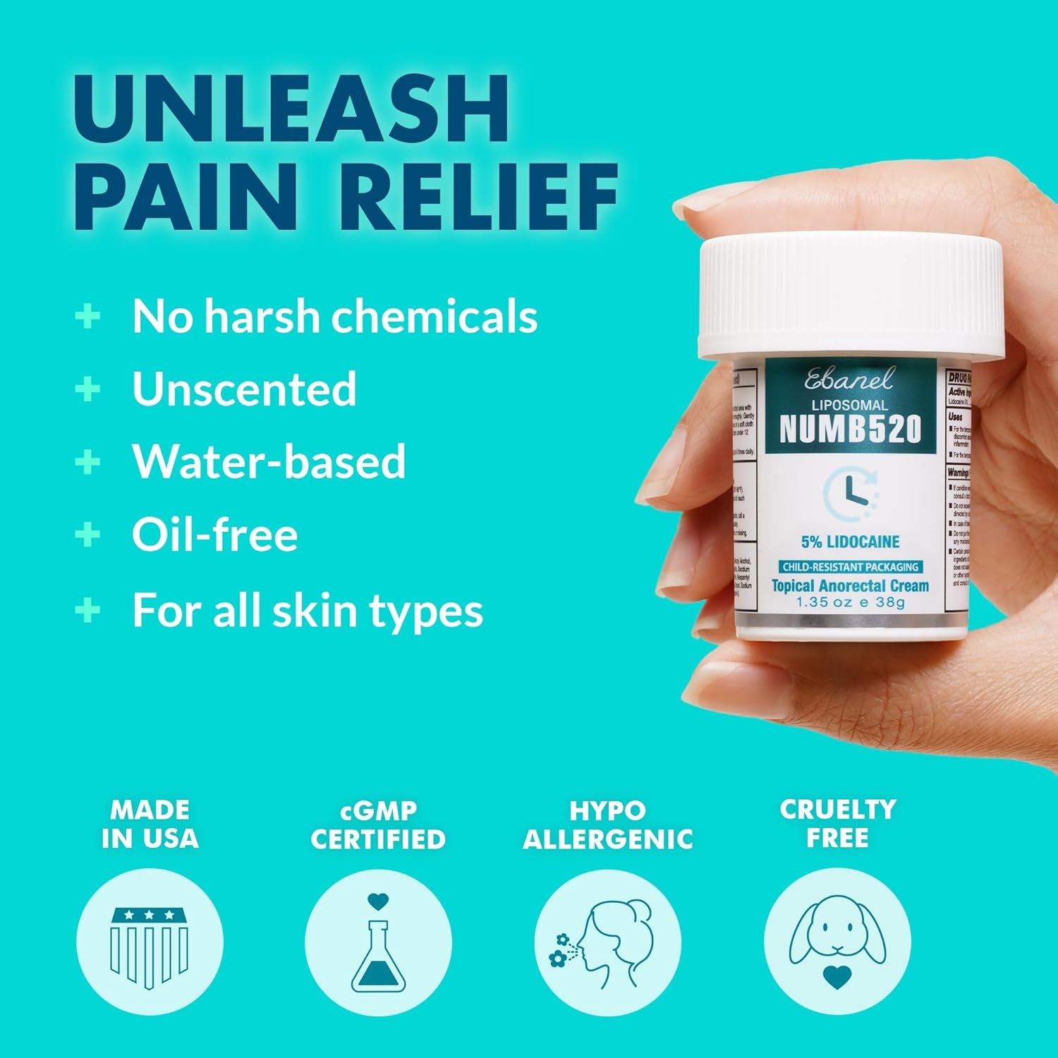 5% Lidocaine Numbing Cream, Pain Relief Burn Itch Numb Cream, Maximum Strength Topical Anesthetic with Allantoin, Vitamin E for Local and Anorectal Uses, Hemorrhoid Treatment, 1.35 Oz