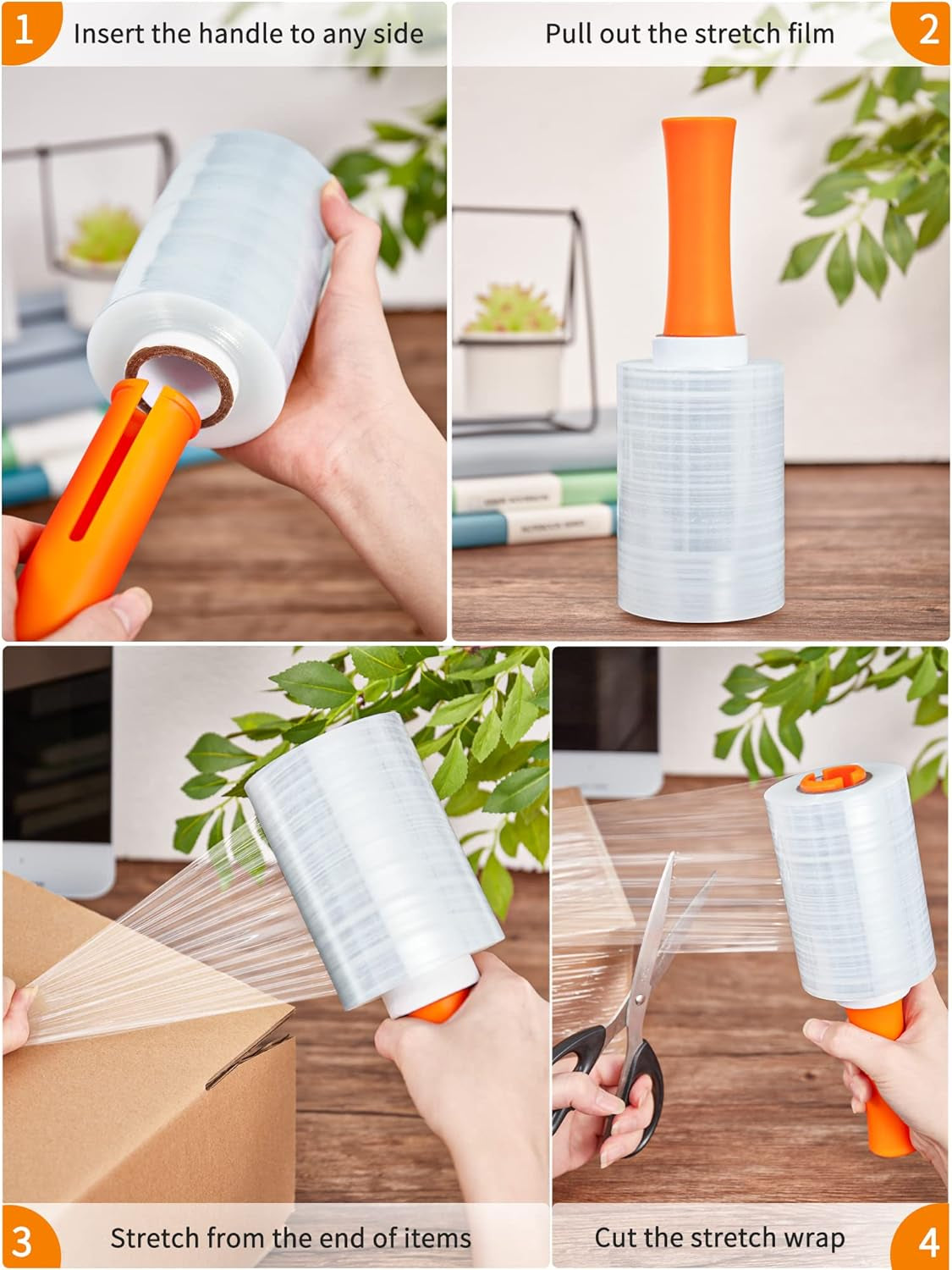 4 Pack Plastic Film Roll with Plastic Handles, 60 Gauge Thick, 5" X 1000Ft Plastic Pallet Film, Industrial Strength Stretch up to 500% Stretch for Moving, Packing, Wrapping, and Shipping