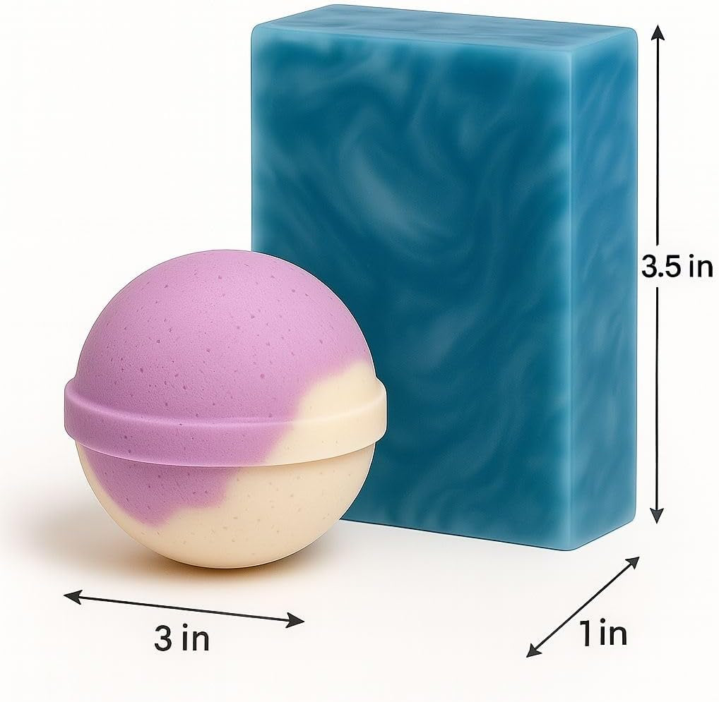 Lavender Bath Set – 2 Handmade Soap (4Oz) and 2 Bath Bomb (3Oz) & 1 Exfoliating Bag Kit Relaxing Spa Aromatherapy Champagne Lavender Bath Bomb (Large, Cypress Soap)