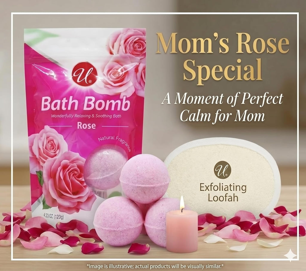 Rose Bath Bombs 3 Pack with Exfoliating Sponge, Relaxing Aromatherapy Fizz for Men and Women, Spa Gift Set for Skin Softening and Home Bath Relaxation