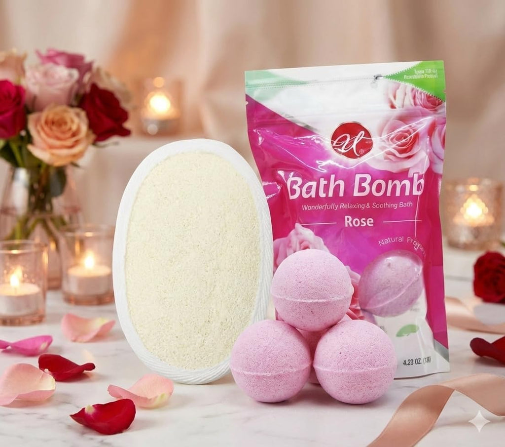 Rose Bath Bombs 3 Pack with Exfoliating Sponge, Relaxing Aromatherapy Fizz for Men and Women, Spa Gift Set for Skin Softening and Home Bath Relaxation