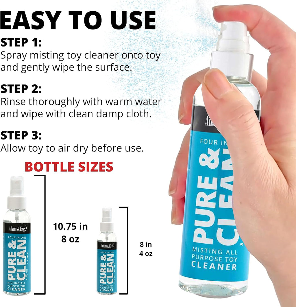 Sex Toy Cleaner, 4 in 1 Pure and Clean Misting Spray, Fast Acting Misting Spray for Adult Toys, Vibrators, Dildos, Fresh Scent, Water Based Formula Perfect for Gifting, No Residue, 4 Oz