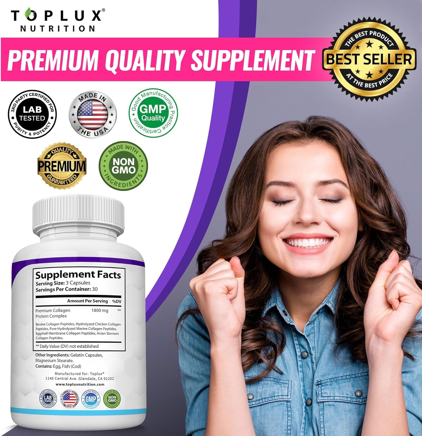 Multi Collagen Peptides Pills 1800 Mg Complex - Type I, II, III, V, X Premium Collagen Complex for Better Skin & Hair, Strong Joint, Hydrolyzed Protein, for Men Women, 90 Capsules, Supplement